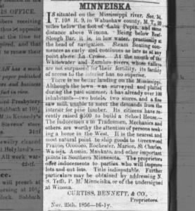 Minneiska advertisement November 1856